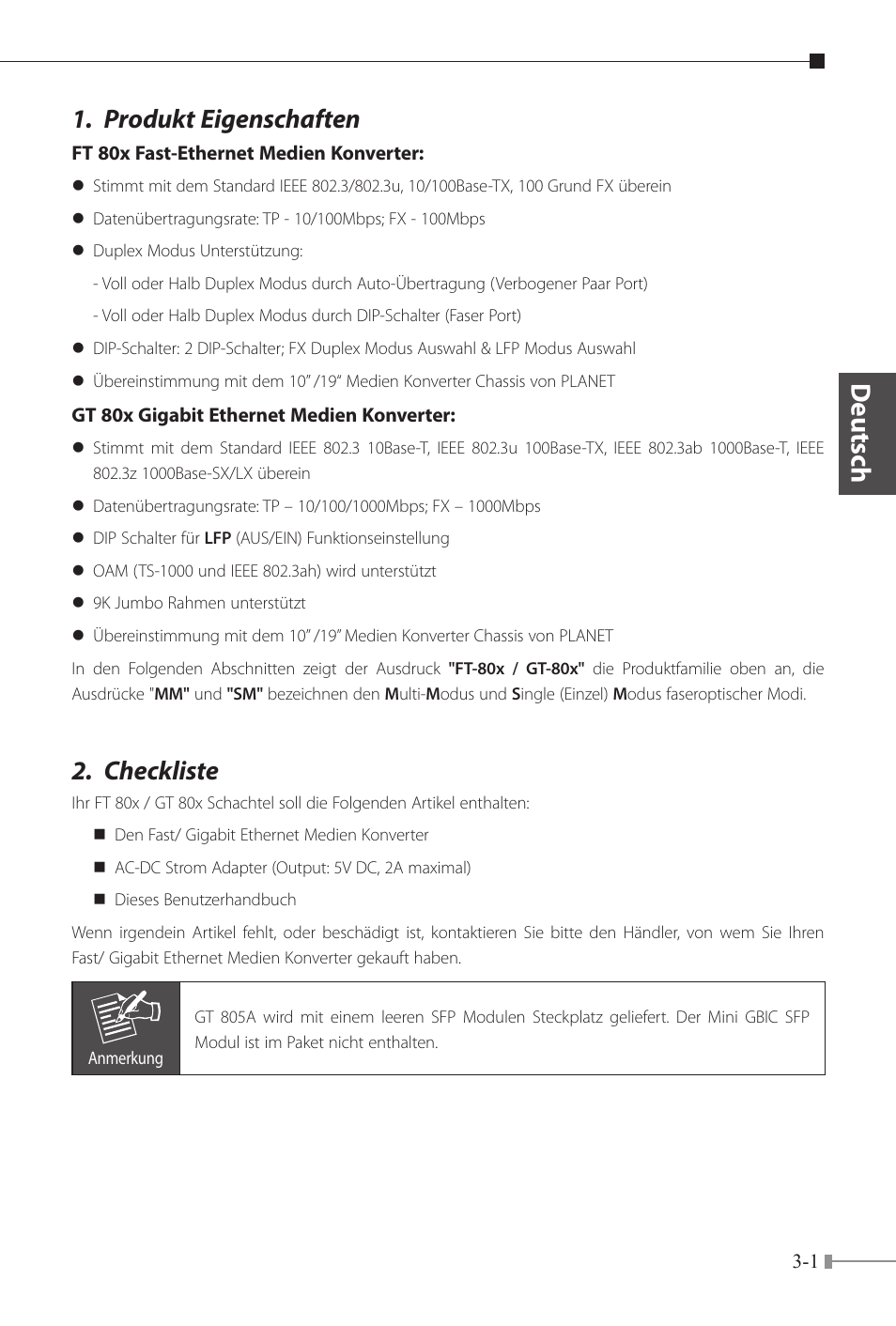 Deutsch, Produkt eigenschaften, Checkliste | PLANET FT-80x Series User Manual | Page 24 / 65