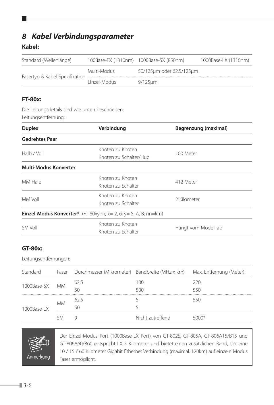 8 kabel verbindungsparameter | PLANET FT-80x Series User Manual | Page 29 / 65
