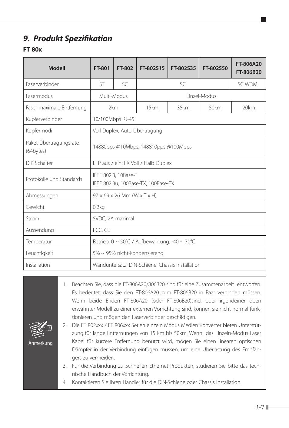 Produkt spezifikation | PLANET FT-80x Series User Manual | Page 30 / 65