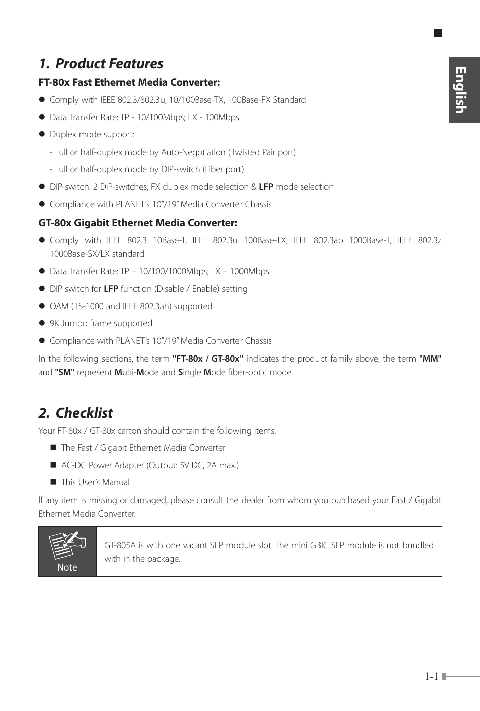 Product features, Checklist, English | PLANET FT-80x Series User Manual | Page 4 / 65