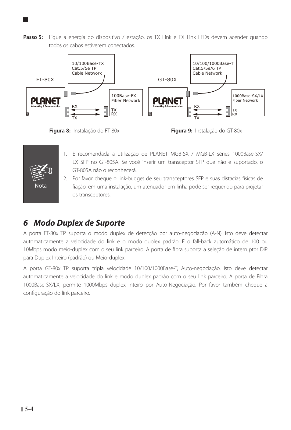 6 modo duplex de suporte, Nota | PLANET FT-80x Series User Manual | Page 47 / 65