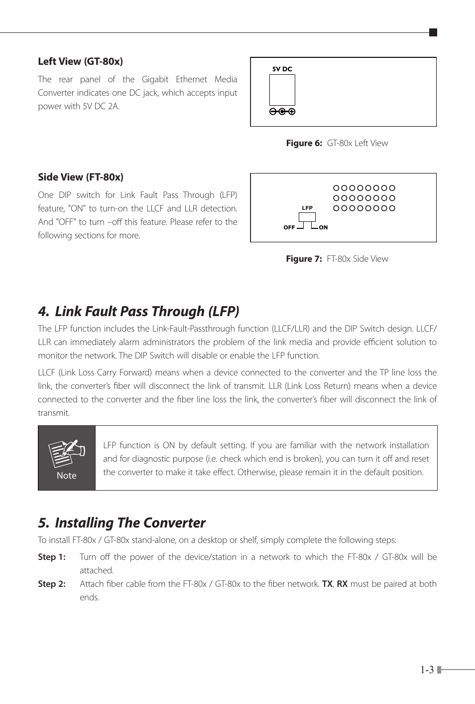 Link fault pass through (lfp), Installing the converter | PLANET FT-80x Series User Manual | Page 6 / 65