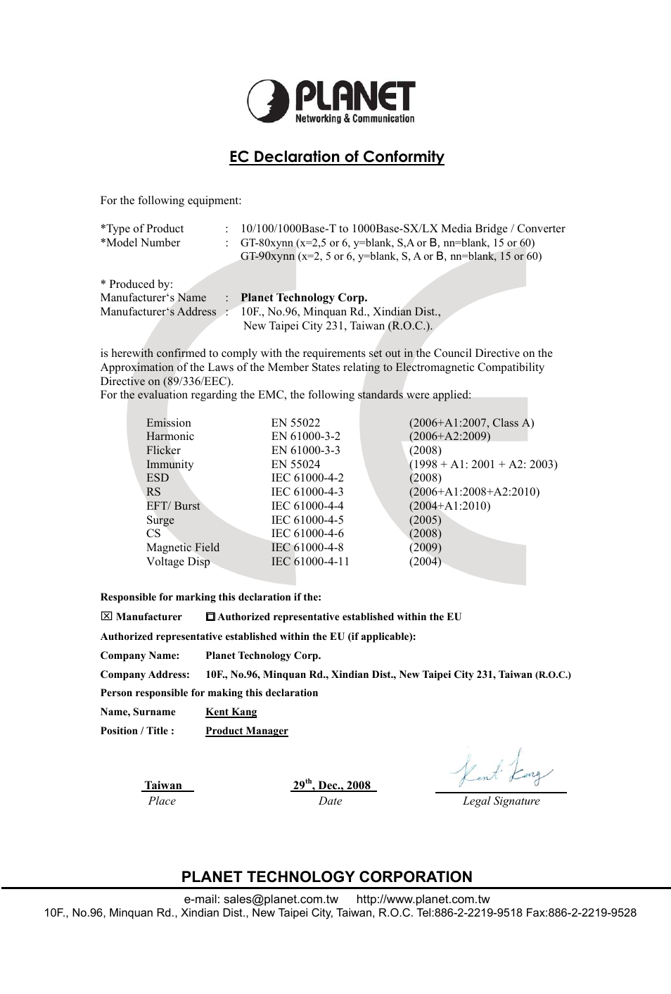 Ec declaration of conformity, Planet technology corporation | PLANET FT-80x Series User Manual | Page 65 / 65
