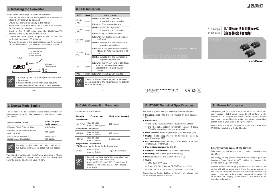 Installing the converter, Led indication, Duplex mode setting | Cable connection parameter, Ft-80x technical specifications, Power information | PLANET FT-80x Series User Manual | Page 2 / 2