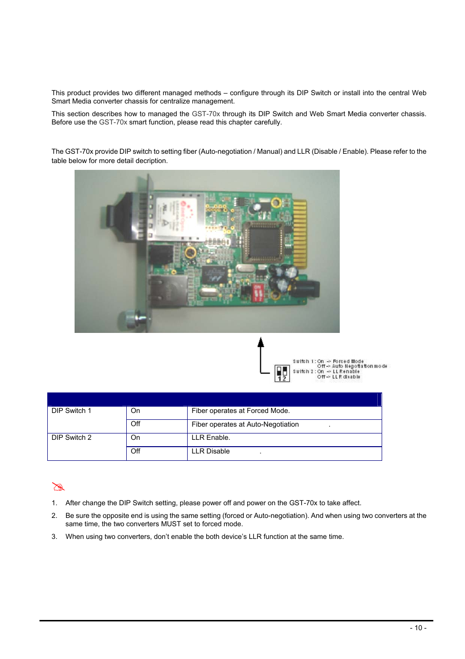 Manage the media converter, 1 dip switch configuration, Witch configuration | PLANET GST-702 User Manual | Page 10 / 17