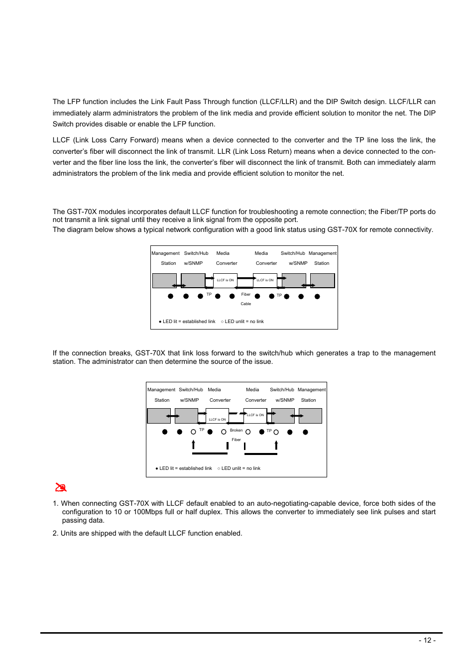 Link pass through function, 1 link loss carry forward (llcf), Arry | Orward, Llcf), Notice | PLANET GST-702 User Manual | Page 12 / 17