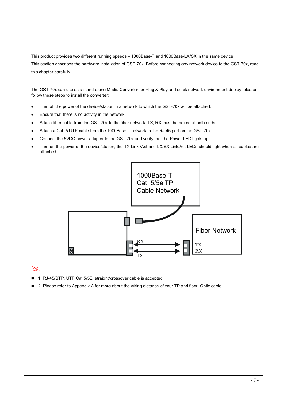 Hardware installation, 1 stand-alone media converter installation, Tand | Alone, Edia, Onverter, Nstallation, Fiber network | PLANET GST-702 User Manual | Page 7 / 17