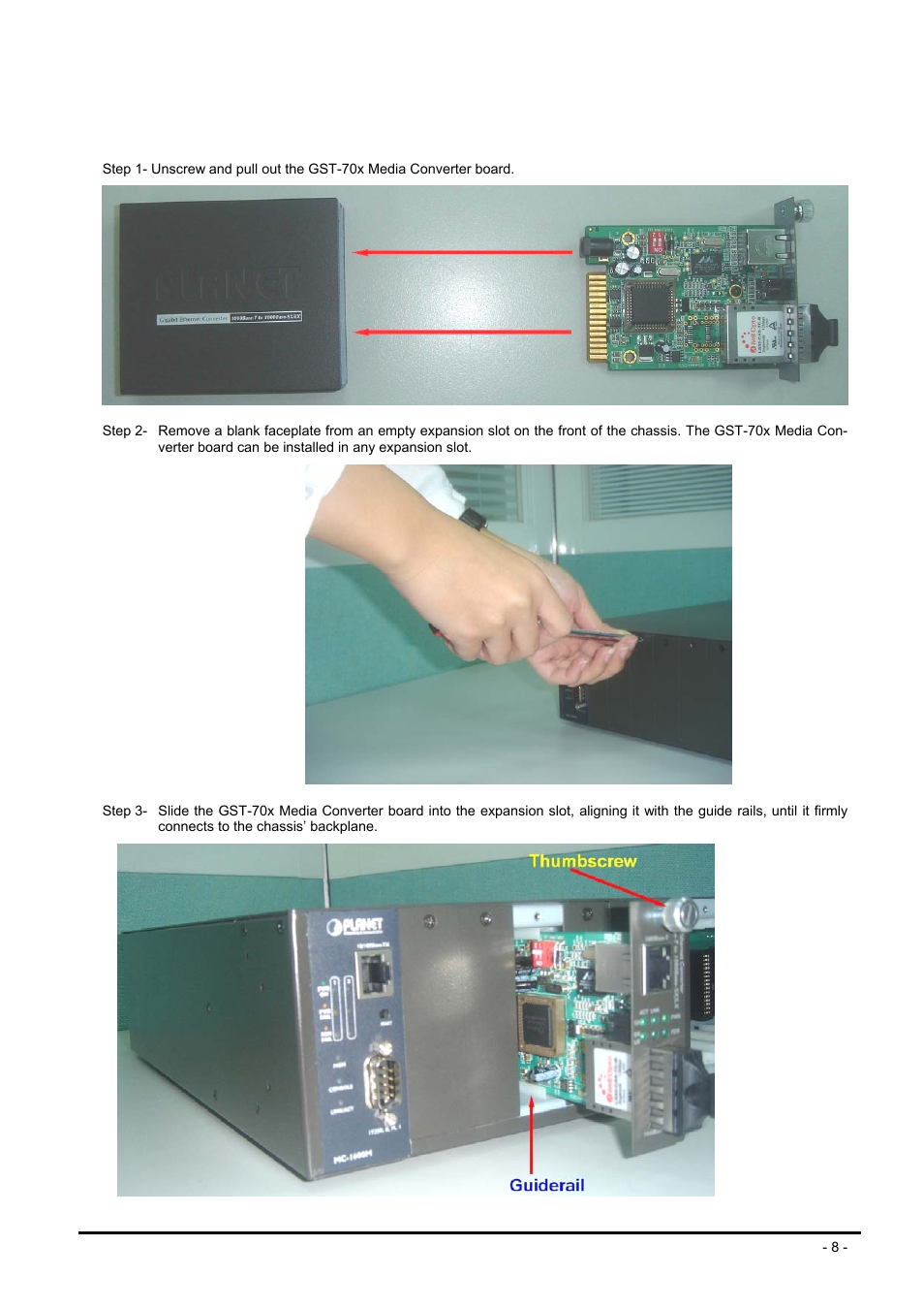 Lide, Edia, Onverter module into | Mc-1600mr/r48, Hassis installation | PLANET GST-702 User Manual | Page 8 / 17