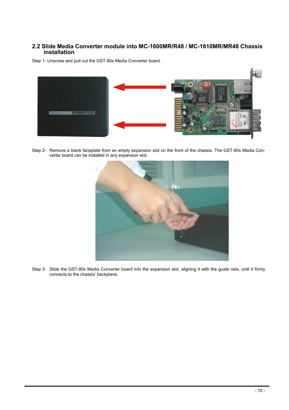 Lide, Edia, Onverter module into | Mc-1600mr/r48, Mc-1610mr/mr48, Hassis installation | PLANET GST-80X Series User Manual | Page 10 / 24