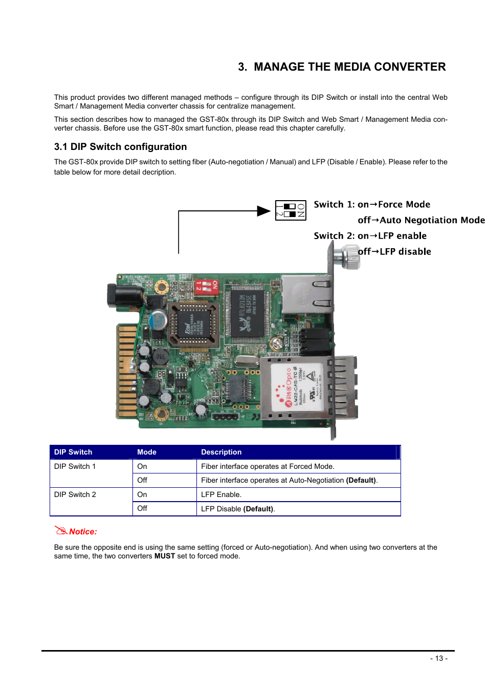 Manage the media converter, 1 dip switch configuration, Witch configuration | PLANET GST-80X Series User Manual | Page 13 / 24