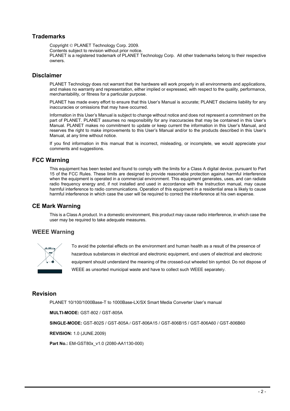 Trademarks, Disclaimer, Fcc warning | Ce mark warning, Weee warning, Revision | PLANET GST-80X Series User Manual | Page 2 / 24