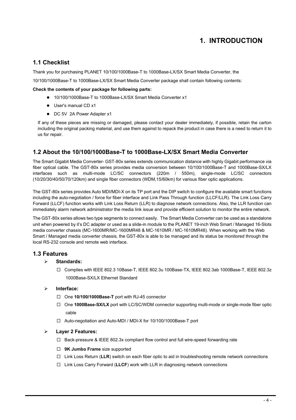 Introduction, 1 checklist, 3 features | Hecklist, Bout the, 10/100/1000b, 1000b, Lx/sx, Mart, Edia | PLANET GST-80X Series User Manual | Page 4 / 24