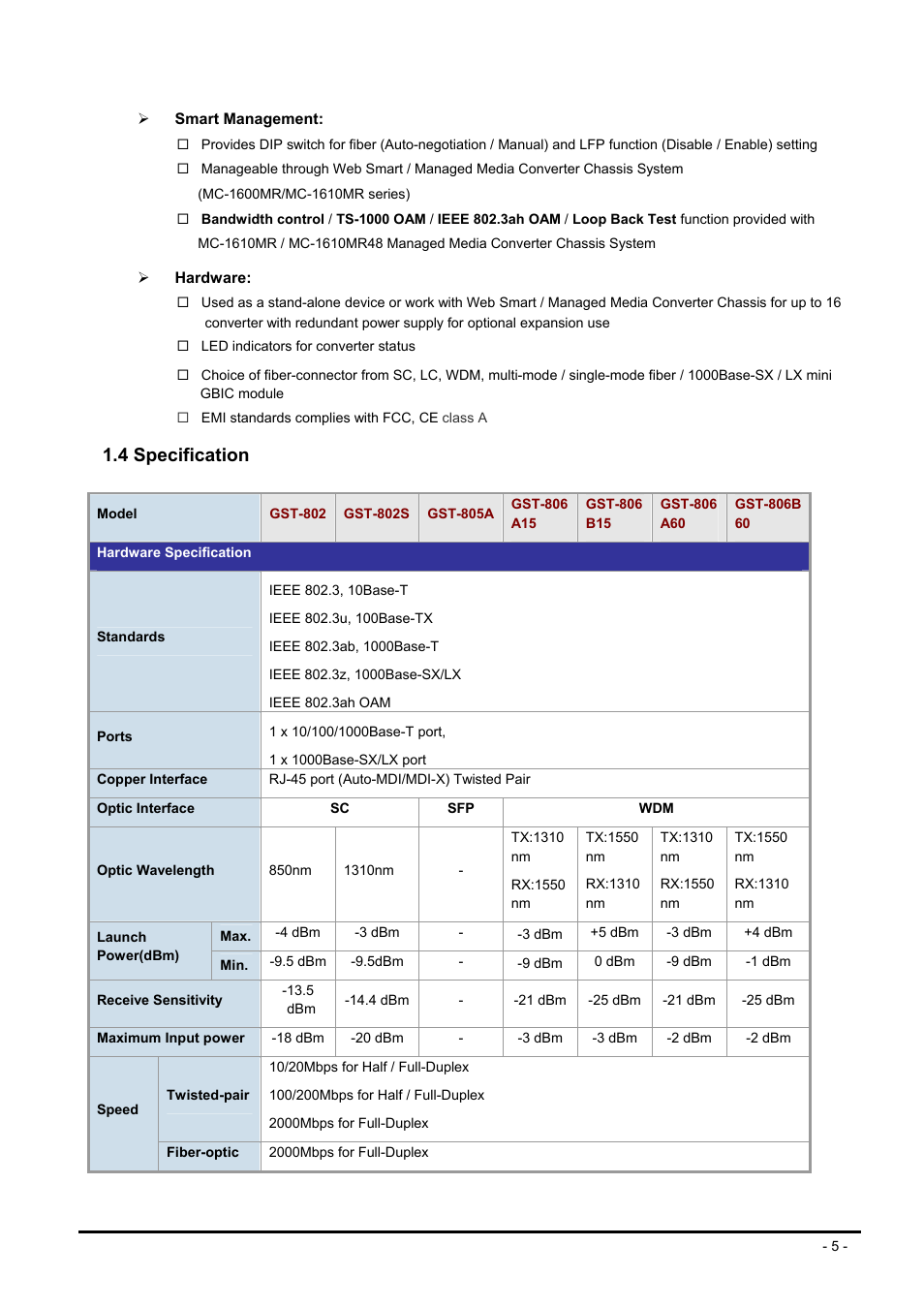 4 specification, Pecification | PLANET GST-80X Series User Manual | Page 5 / 24