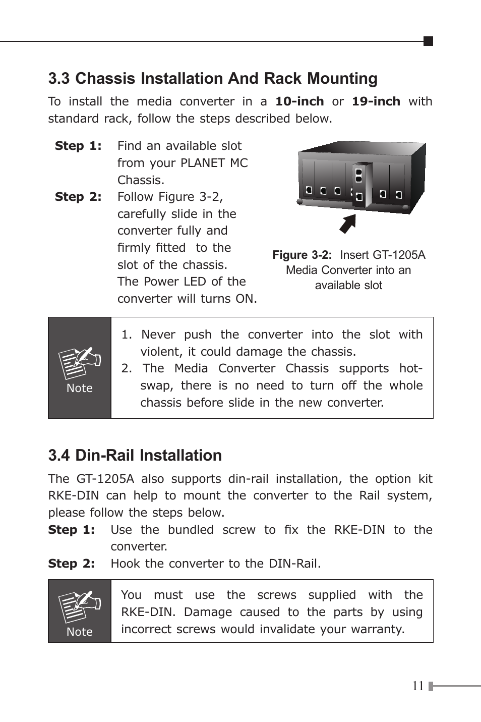 3 chassis installation and rack mounting, 4 din-rail installation | PLANET GT-1205A User Manual | Page 11 / 16