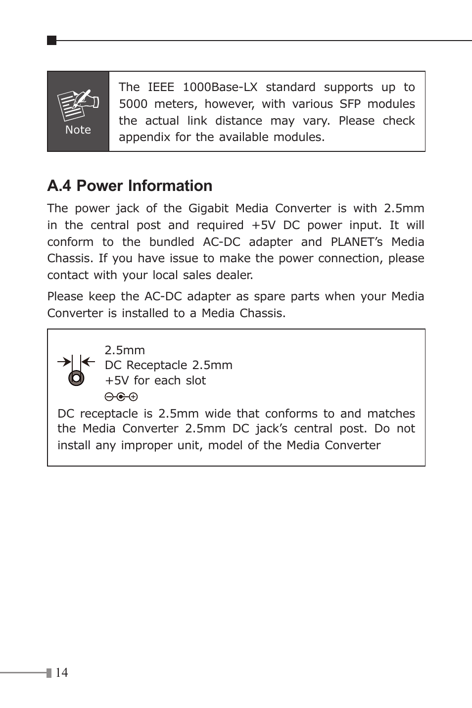 A.4 power information | PLANET GT-1205A User Manual | Page 14 / 16