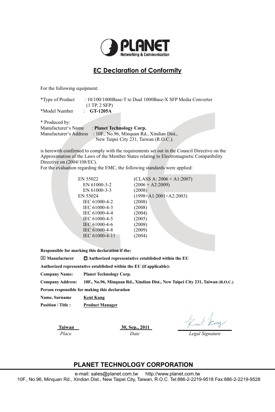 Ec declaration of conformity, Planet technology corporation | PLANET GT-1205A User Manual | Page 16 / 16