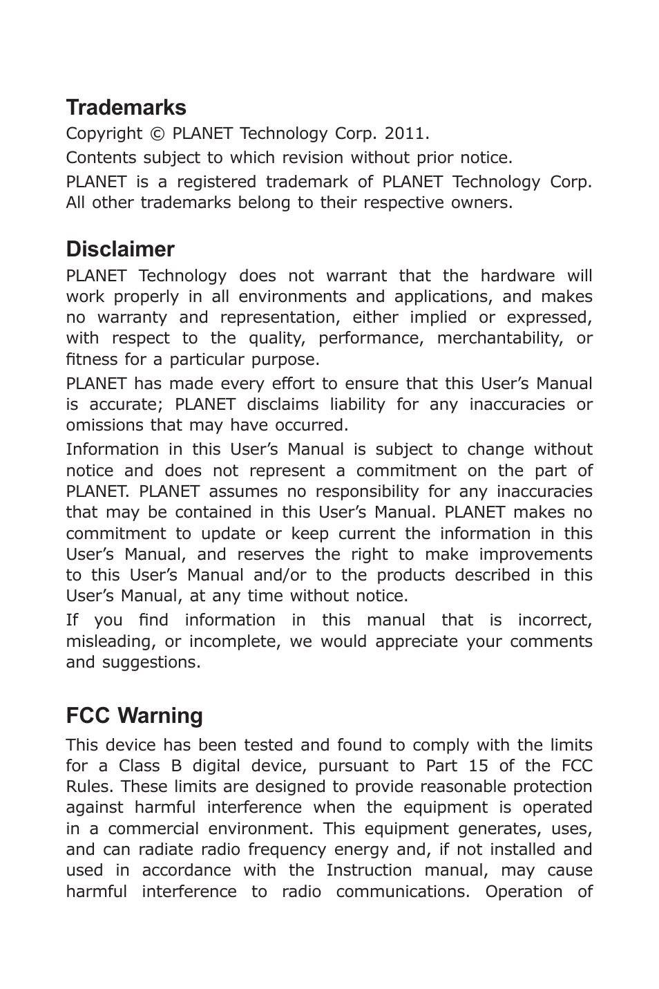 Trademarks, Disclaimer, Fcc warning | PLANET GT-1205A User Manual | Page 2 / 16