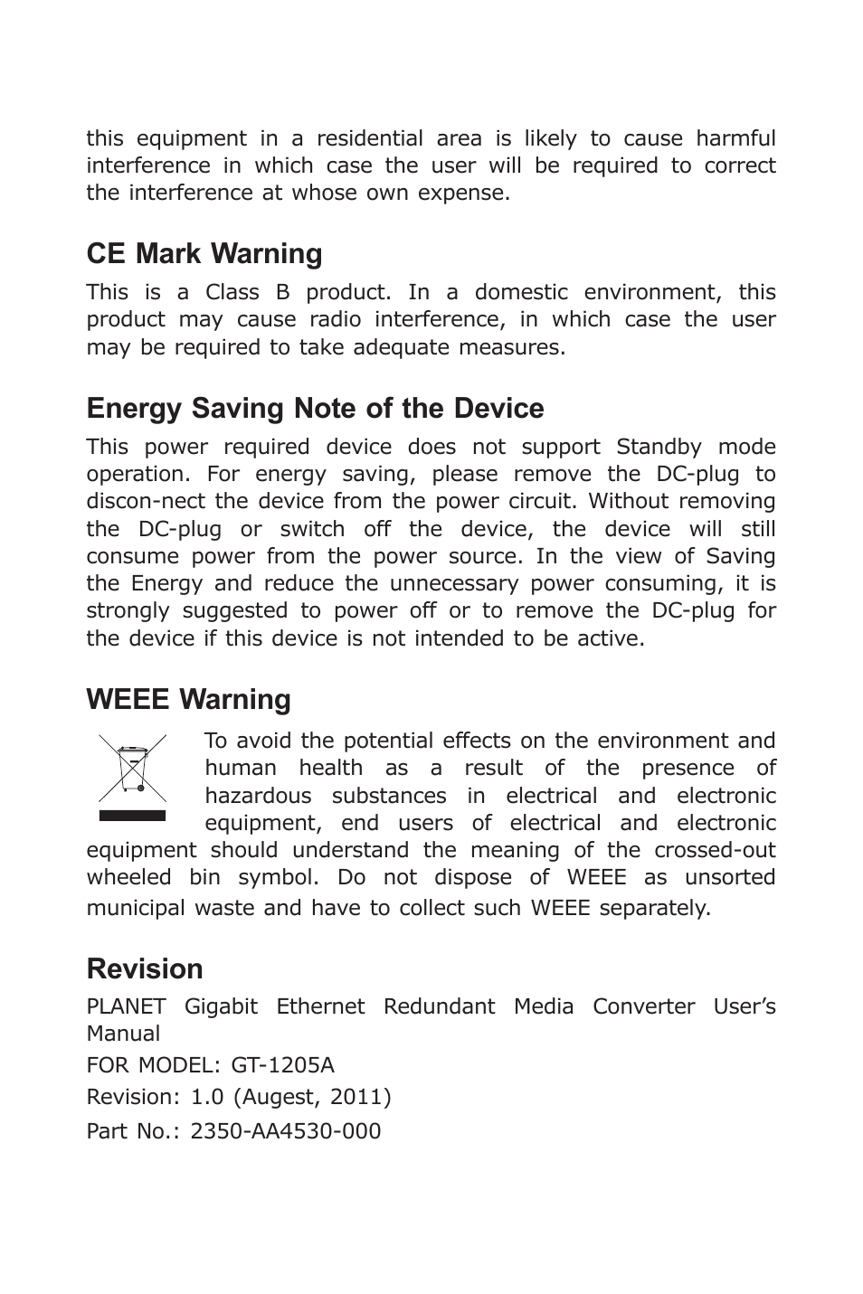 Ce mark warning, Weee warning, Revision | PLANET GT-1205A User Manual | Page 3 / 16