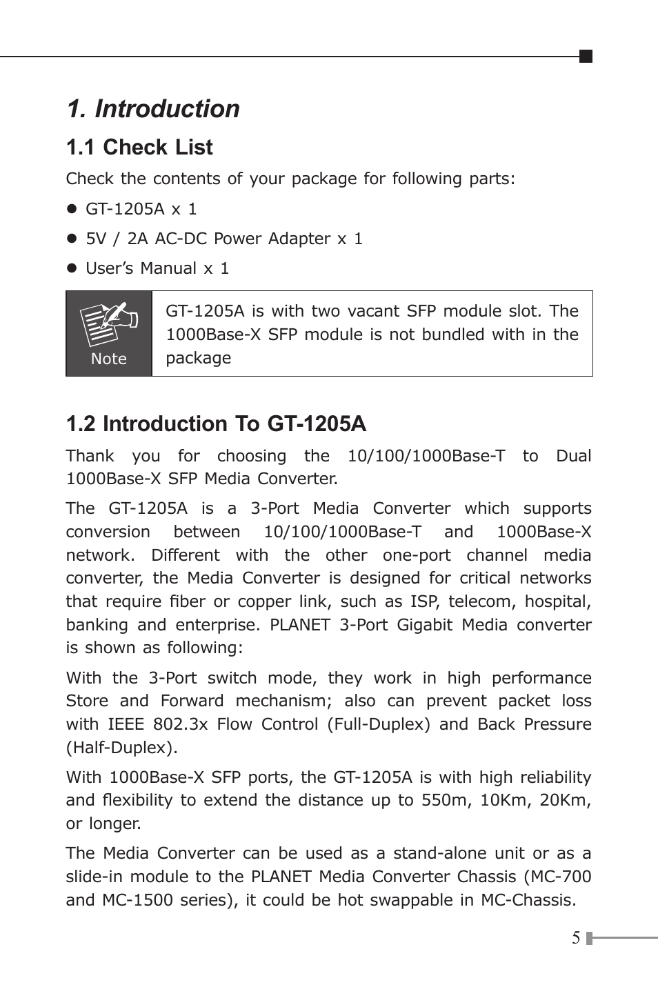 Introduction, 1 check list | PLANET GT-1205A User Manual | Page 5 / 16