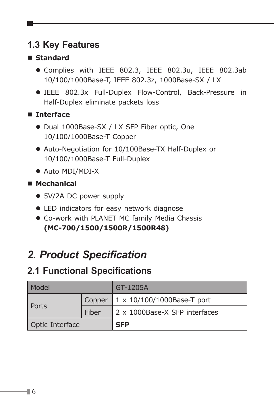 Product specification, 3 key features, 1 functional specifications | PLANET GT-1205A User Manual | Page 6 / 16