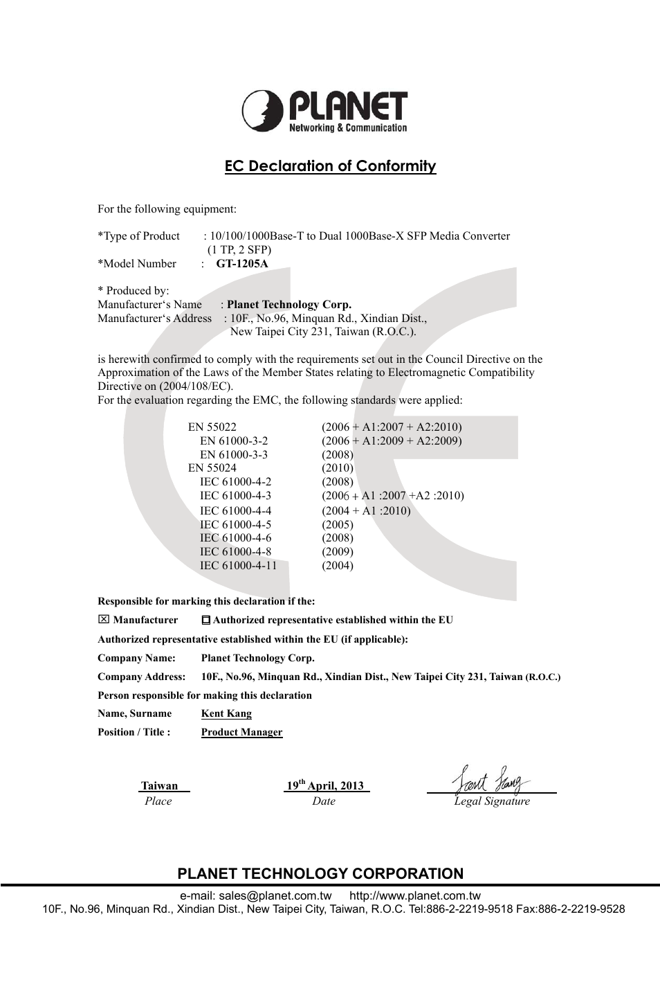 Ec declaration of conformity, Planet technology corporation | PLANET GT-1205A User Manual | Page 24 / 24