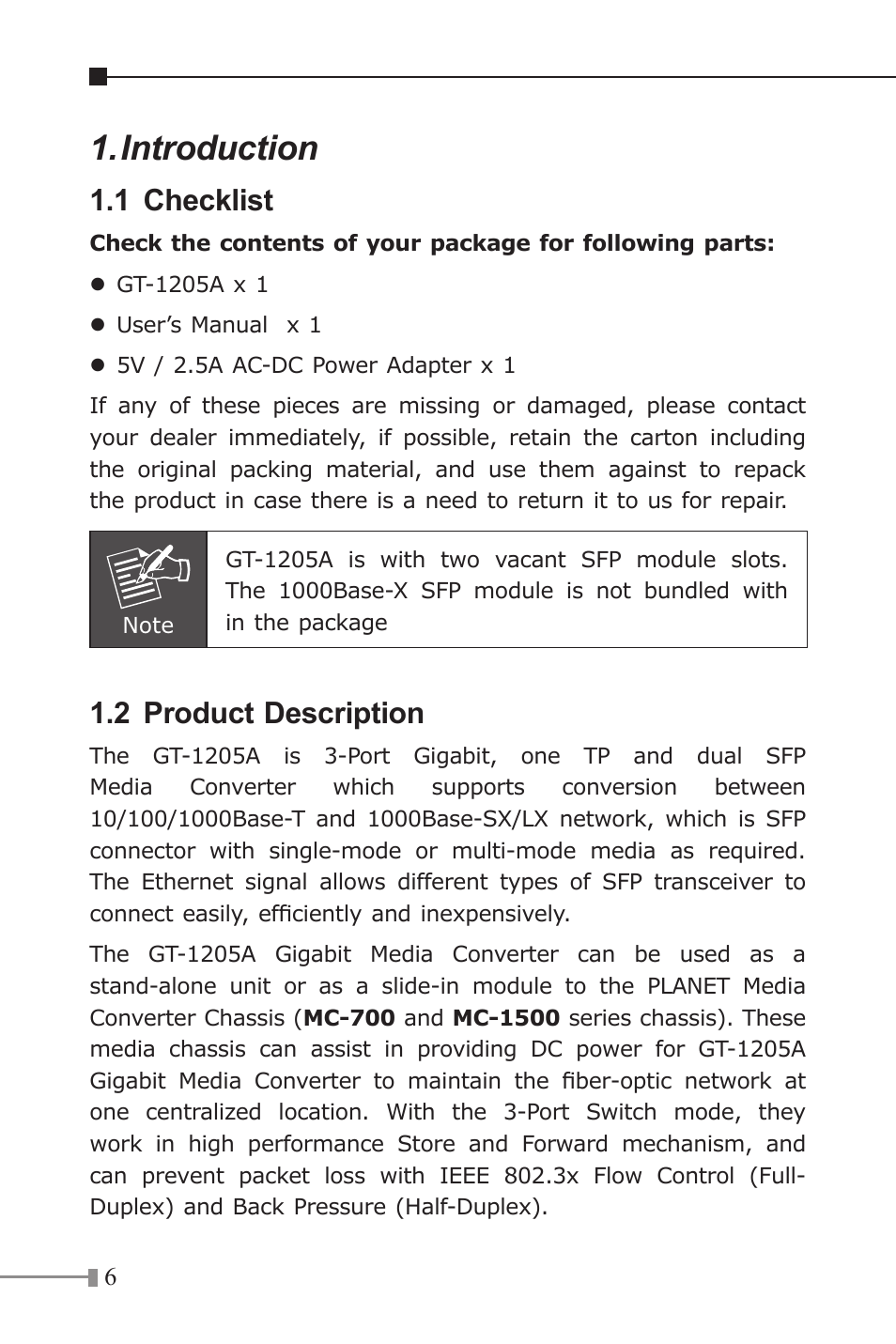 Introduction, 1 checklist, 2 product description | PLANET GT-1205A User Manual | Page 6 / 24