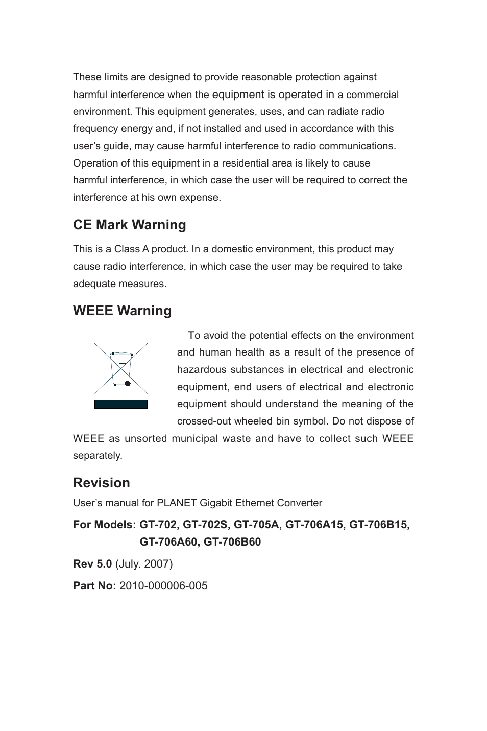 Ce mark warning, Weee warning, Revision | PLANET GT-702 User Manual | Page 2 / 19