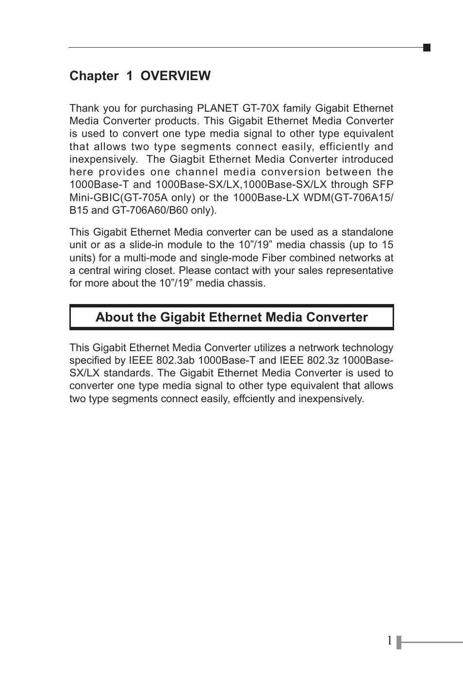 Chapter 1 overview, About the gigabit ethernet media converter | PLANET GT-702 User Manual | Page 4 / 19