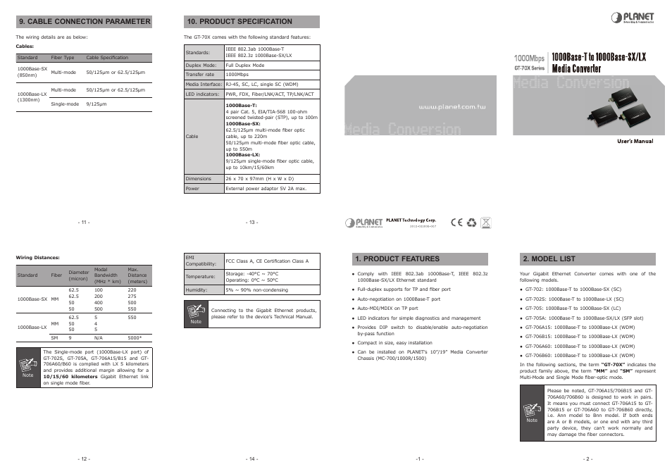 Cable connection parameter, Product specification, Product features | Model list | PLANET GT-70x Series User Manual | Page 2 / 2