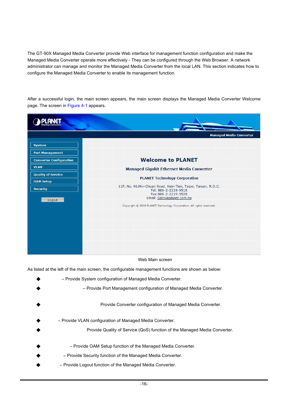 Web management, 1 main menu | PLANET GT-90x Series User Manual | Page 21 / 63