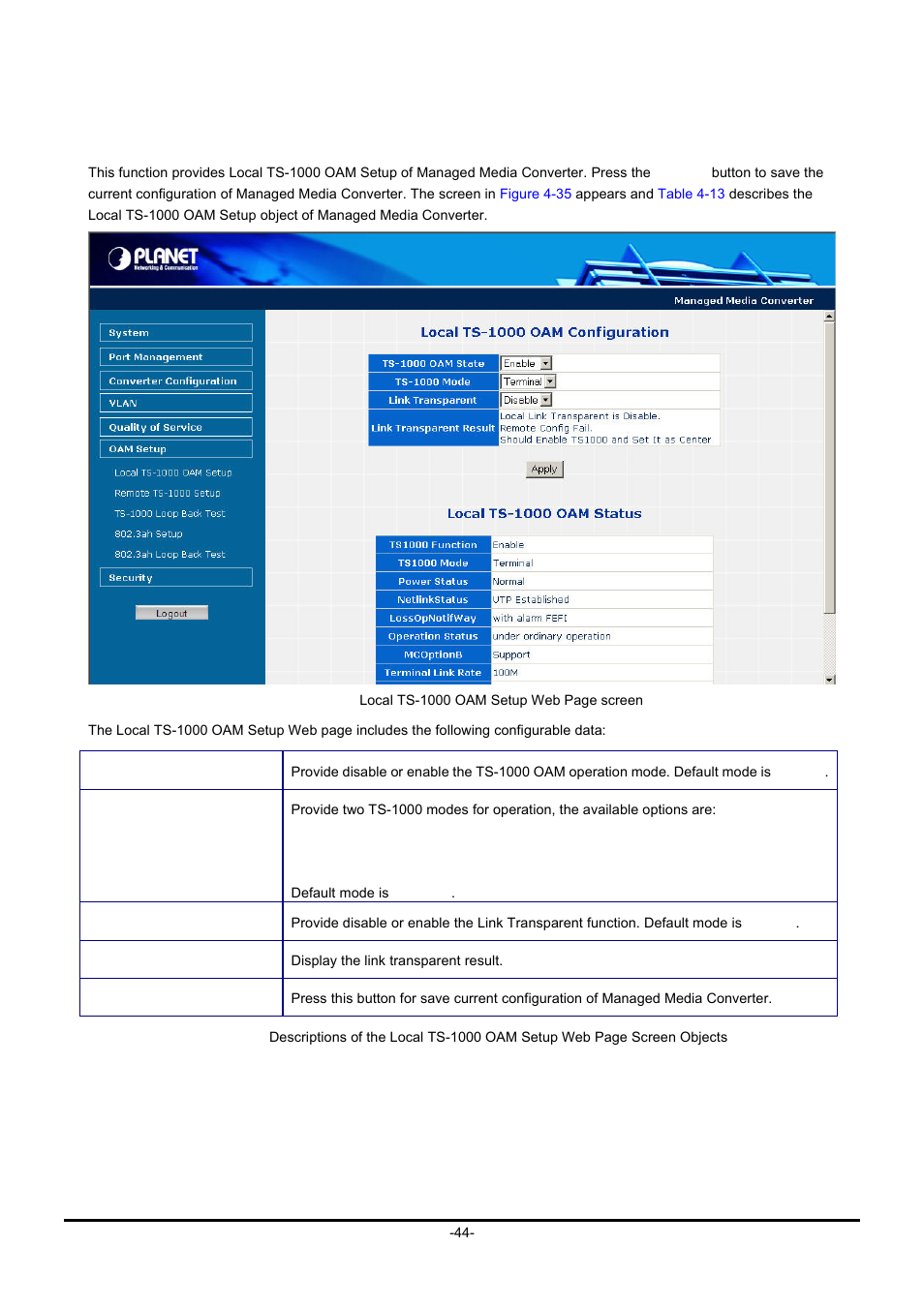 7 oam setup, 1 local ts-1000 oam setup, Etup | PLANET GT-90x Series User Manual | Page 49 / 63