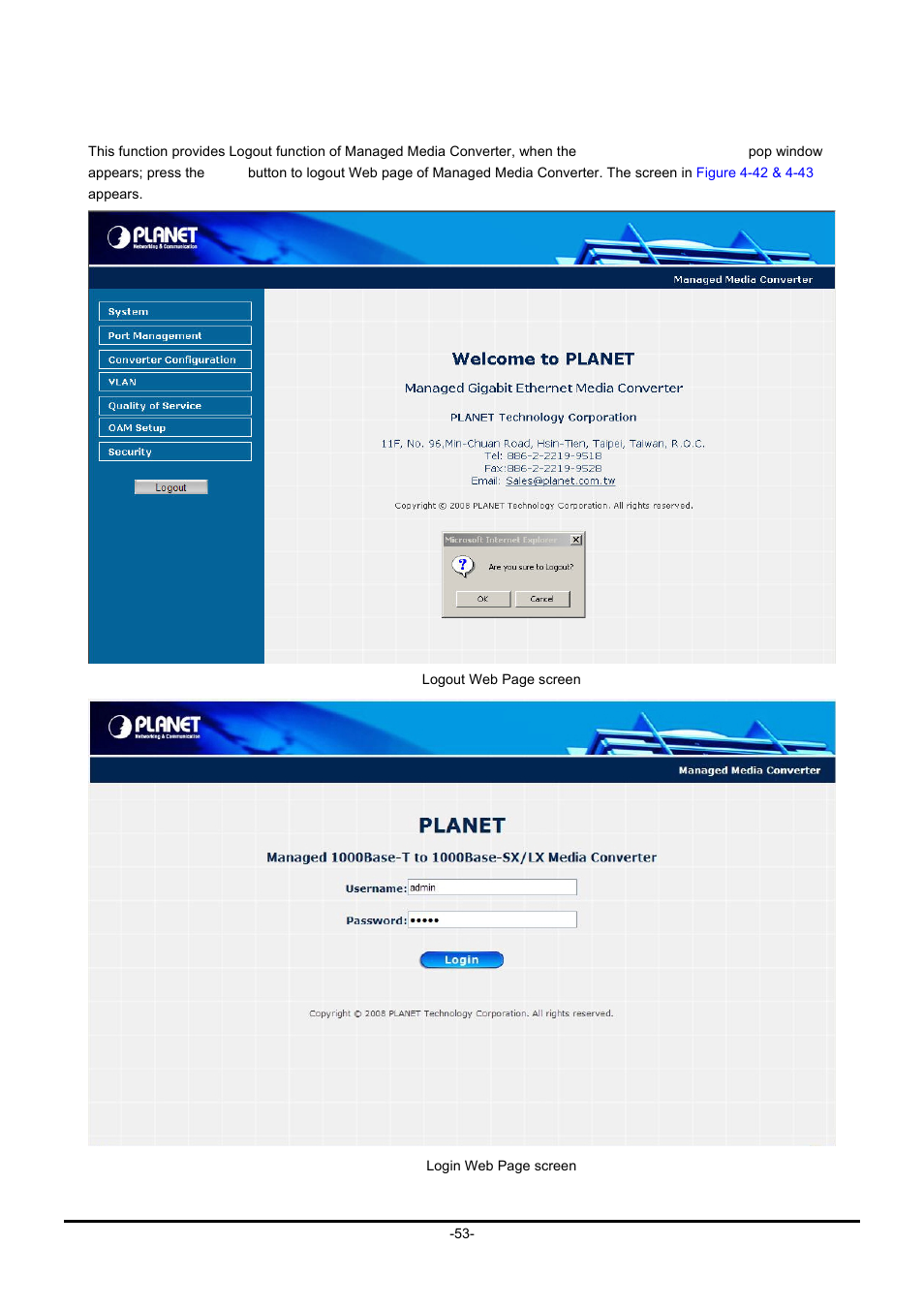 9 logout, Ogout | PLANET GT-90x Series User Manual | Page 58 / 63