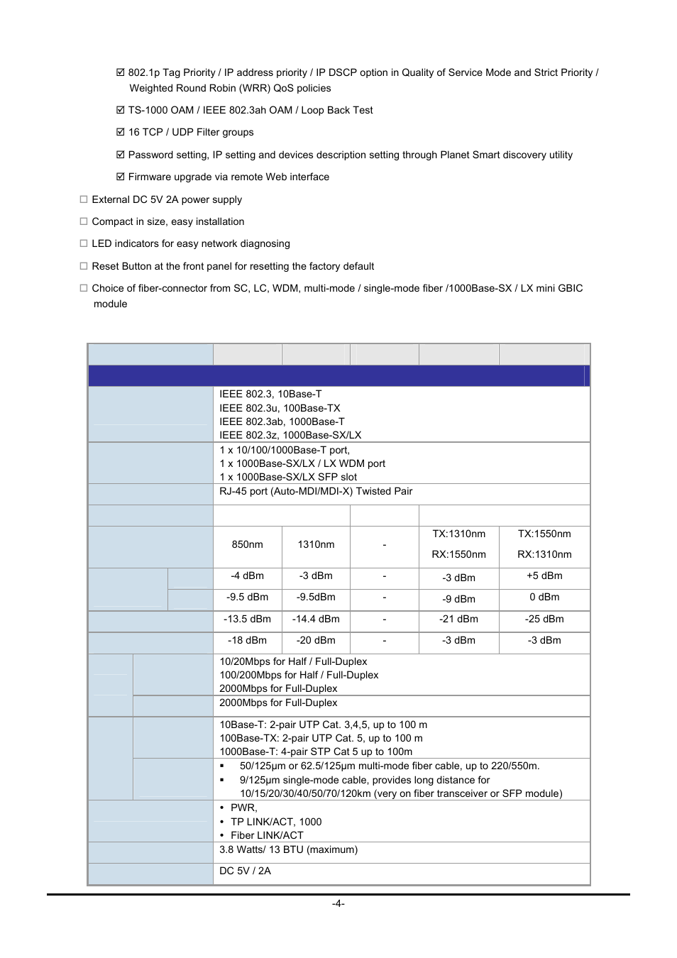 5 product specification, Product, Specification | PLANET GT-90x Series User Manual | Page 9 / 63