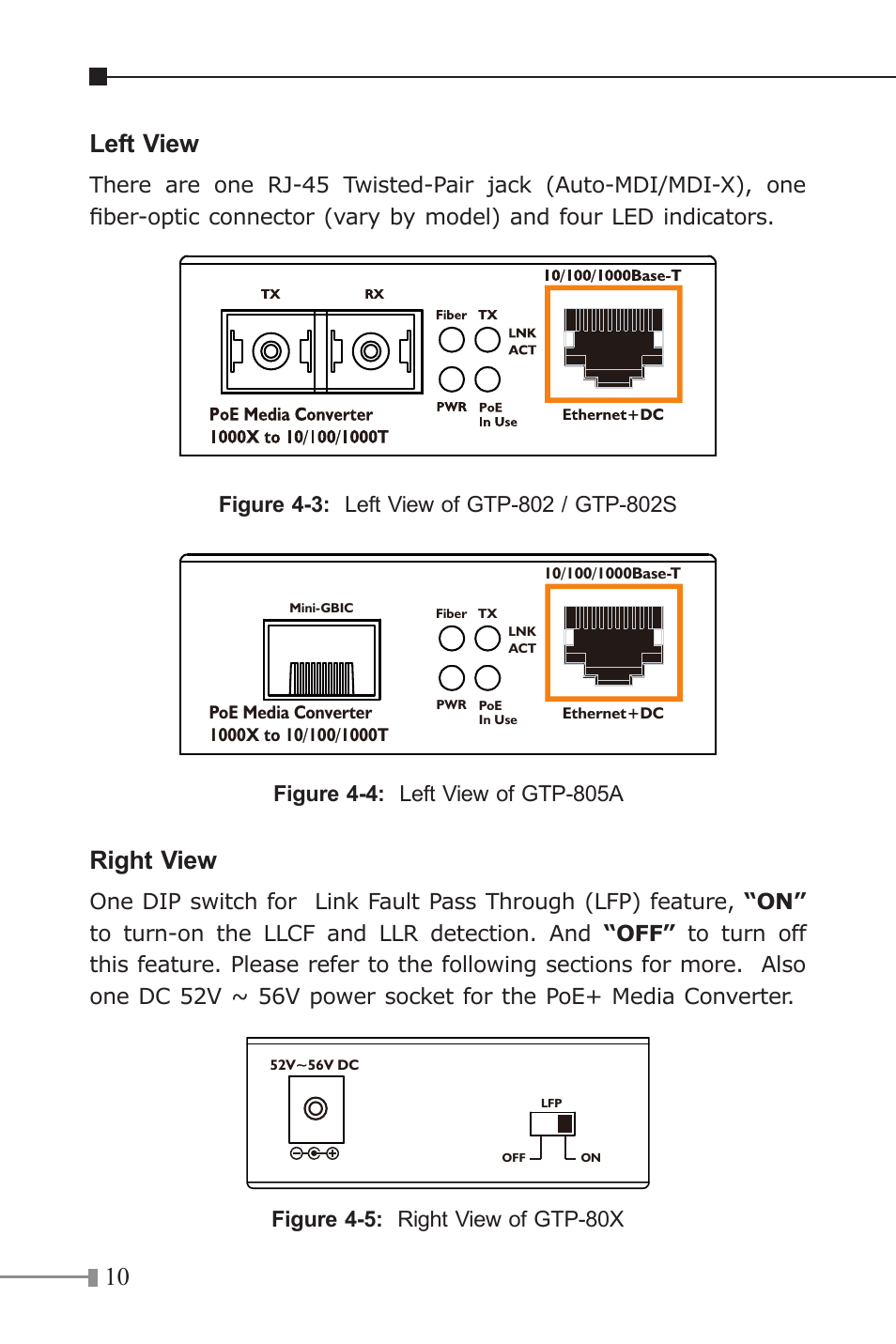 10 left view, Right view, Figure 4-5: right view of gtp-80x | PLANET GTP-80x Series User Manual | Page 10 / 24