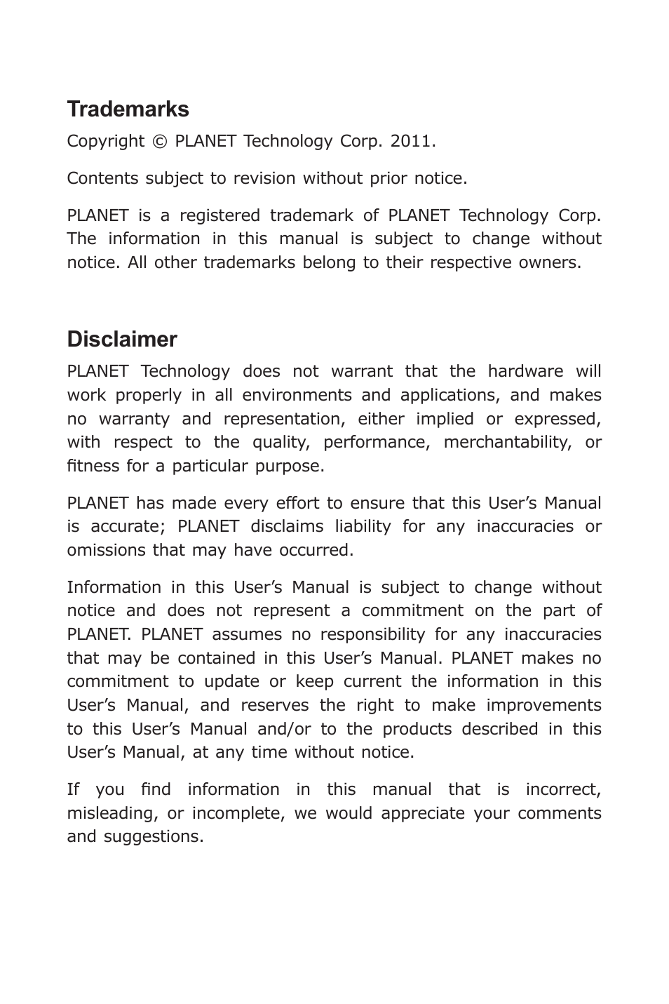 Trademarks, Disclaimer | PLANET GTP-80x Series User Manual | Page 2 / 24