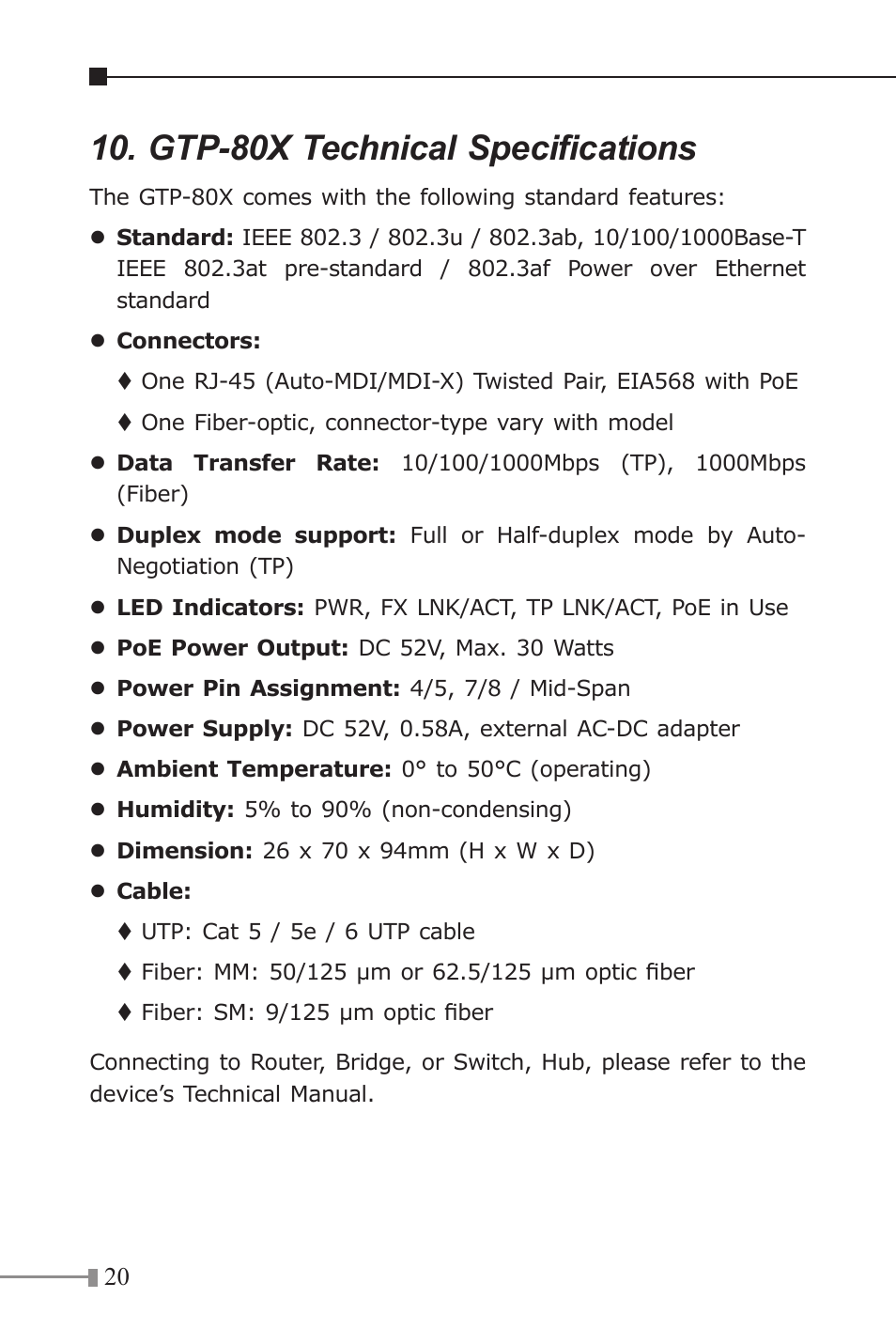 Gtp-80x technical specifications | PLANET GTP-80x Series User Manual | Page 20 / 24
