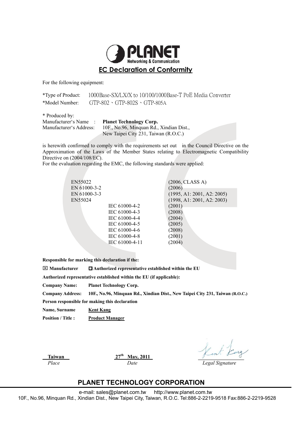Ec declaration of conformity, Planet technology corporation | PLANET GTP-80x Series User Manual | Page 24 / 24