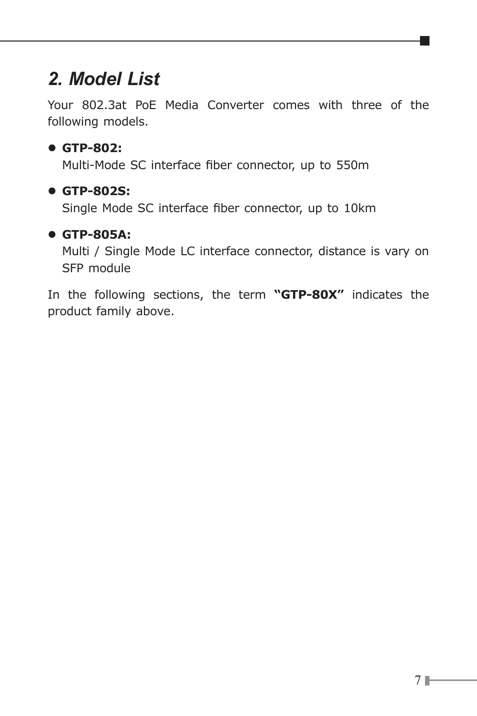 Model list | PLANET GTP-80x Series User Manual | Page 7 / 24