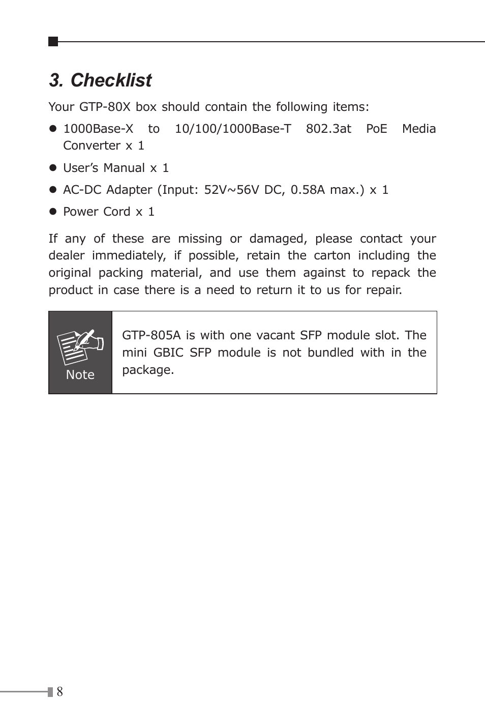 Checklist | PLANET GTP-80x Series User Manual | Page 8 / 24