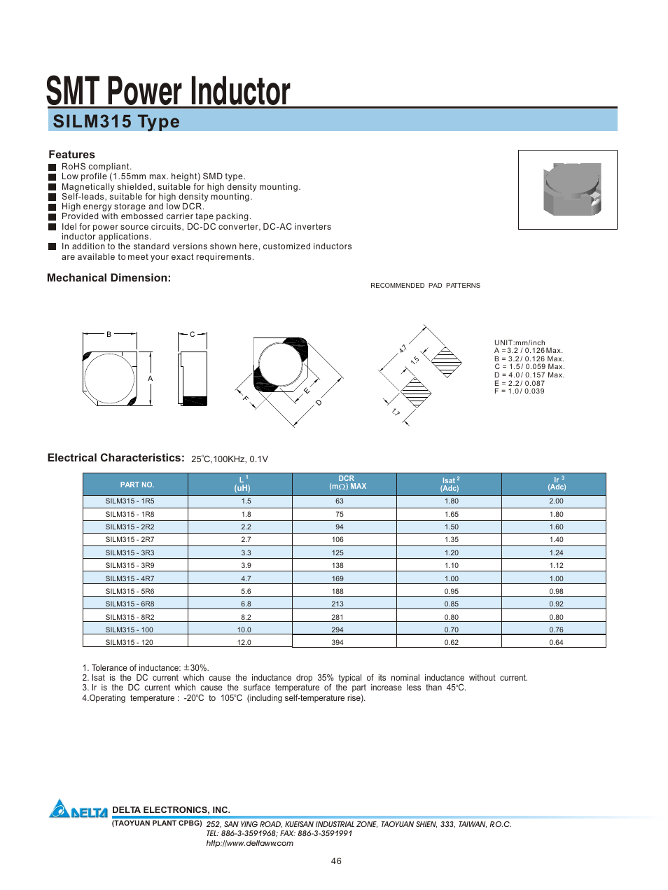 Delta Electronics SMT Power Inductor SILM315 User Manual | 1 page