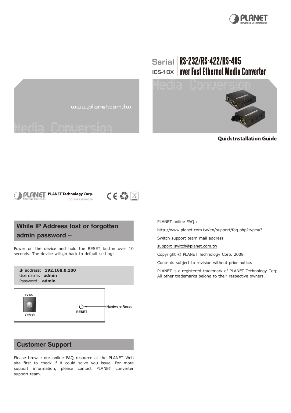 PLANET ICS-100 User Manual | 3 pages