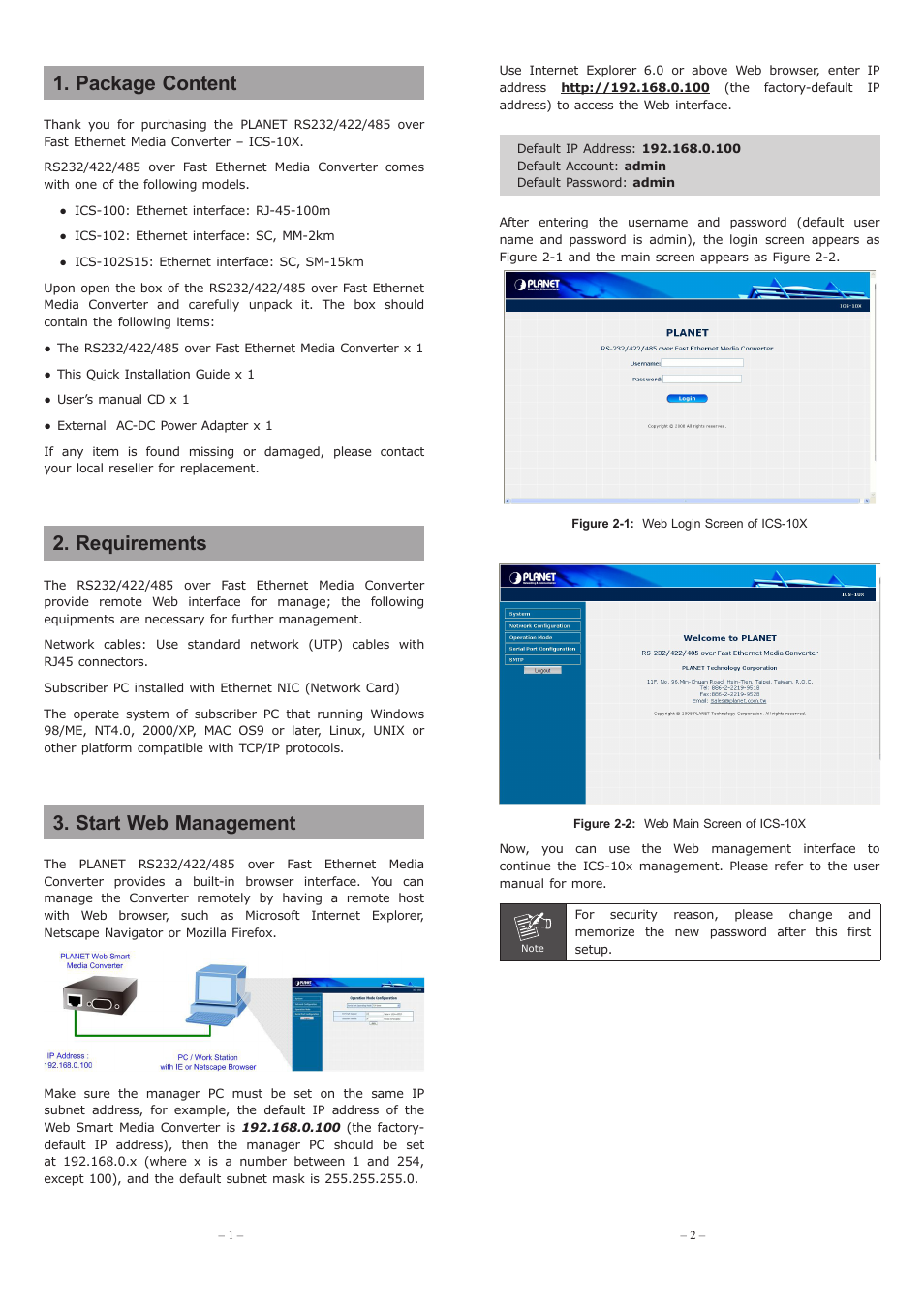Package content, Requirements, Start web management | PLANET ICS-100 User Manual | Page 2 / 3