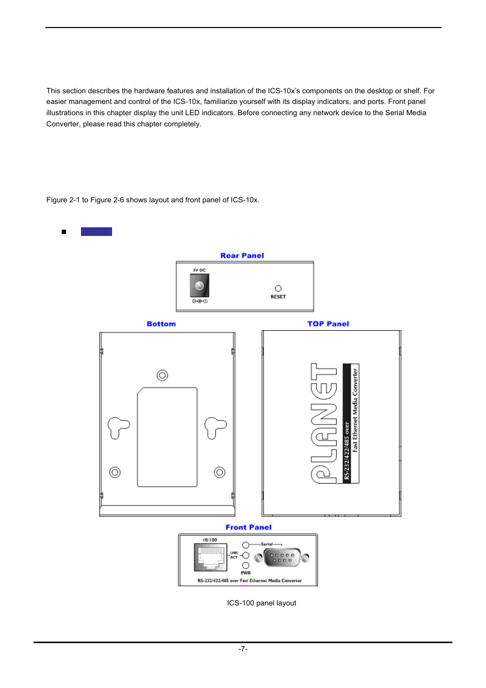 Installation, 1 hardware description, 1 product layout | Ardware, Escription | PLANET ICS-102 User Manual | Page 12 / 73