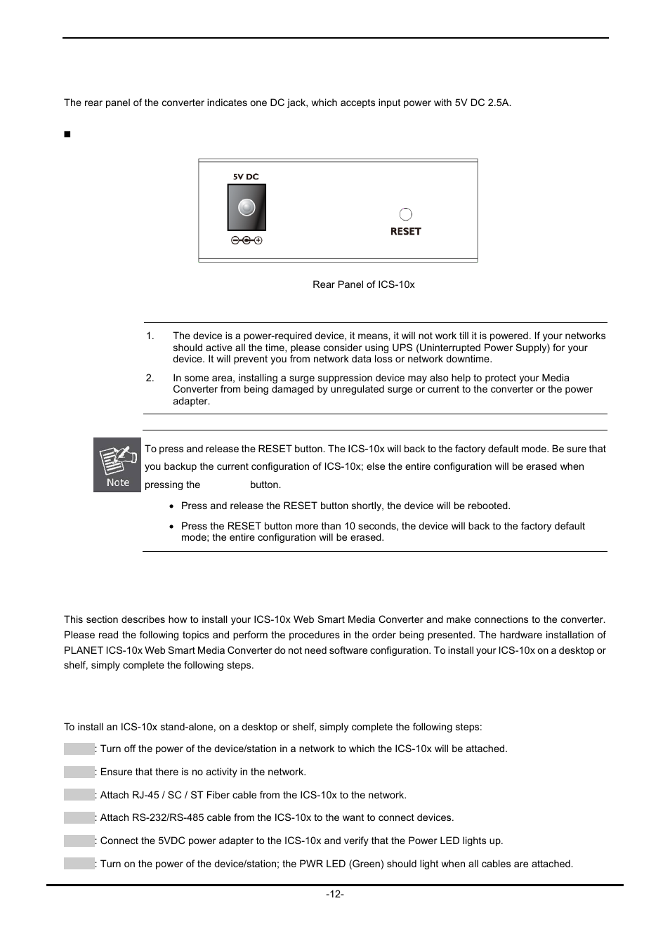 4 ics-10x rear panel, 2 install the converter, 1 stand-alone installation | Nstall the, Onverter | PLANET ICS-102 User Manual | Page 17 / 73