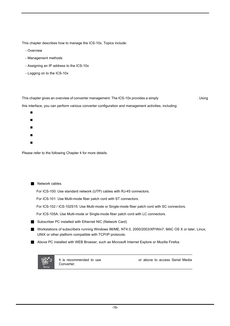 Management, 1 overview, 2 requirements | Verview, Equirements | PLANET ICS-102 User Manual | Page 21 / 73