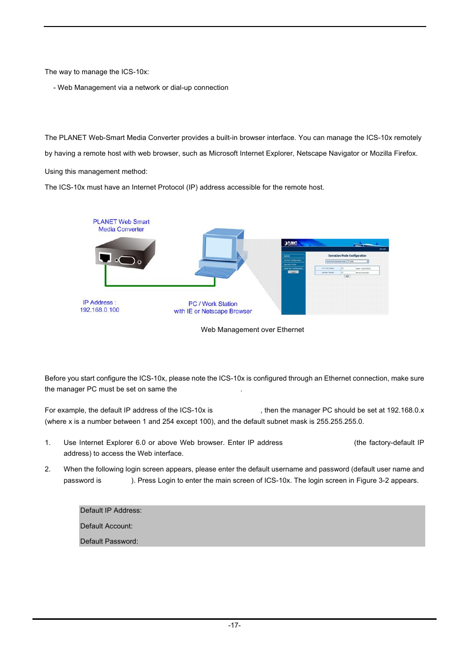 3 management methods, 1 web management, 2 login the media converter | Anagement, Ethods | PLANET ICS-102 User Manual | Page 22 / 73