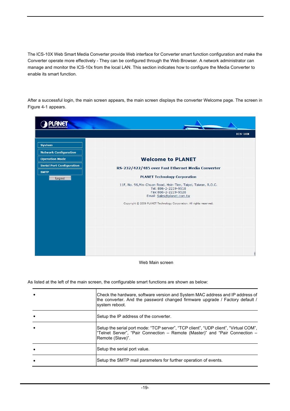 Web configuration, 1 main menu | PLANET ICS-102 User Manual | Page 24 / 73