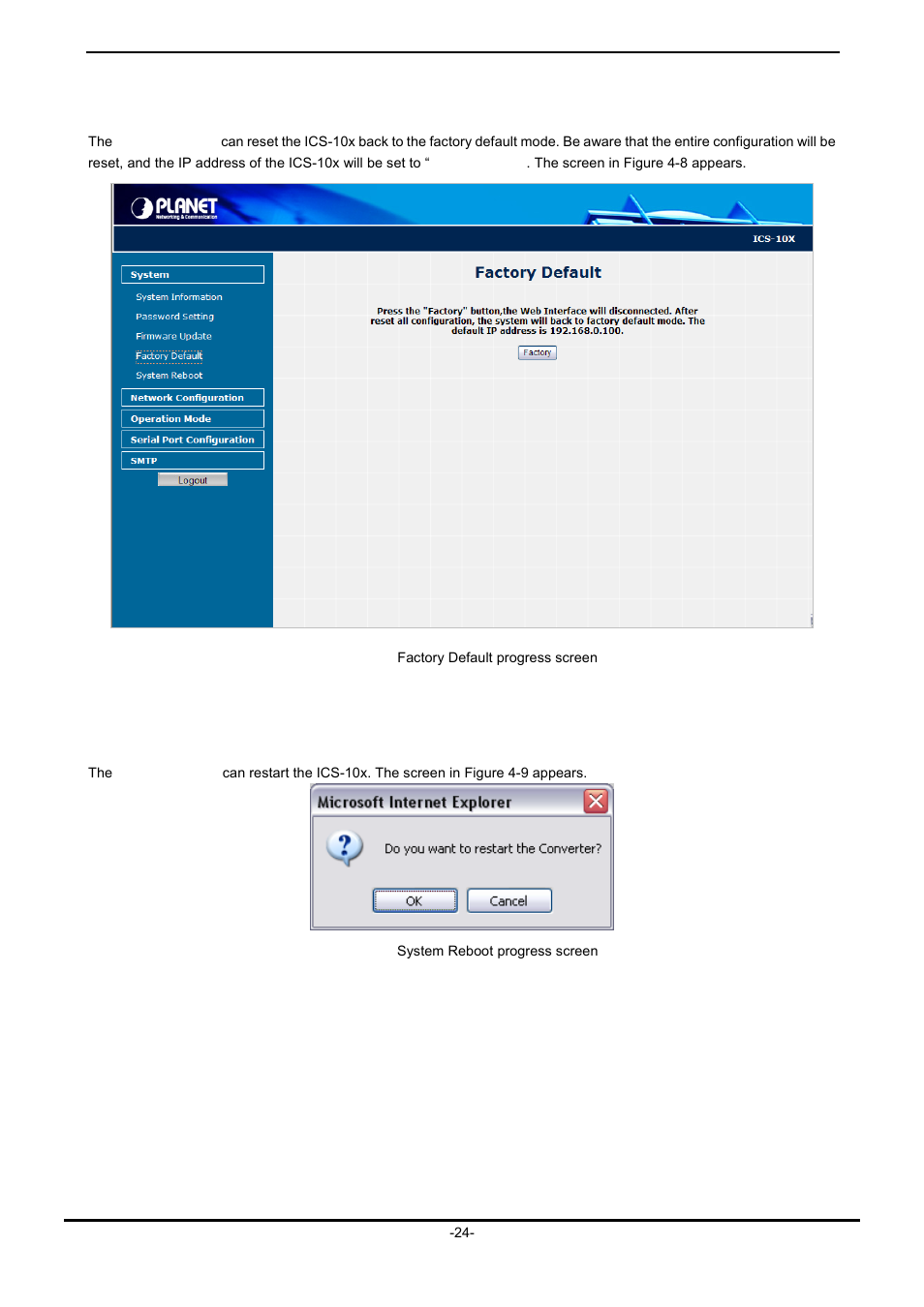 4 factory default, 5 system reboot | PLANET ICS-102 User Manual | Page 29 / 73