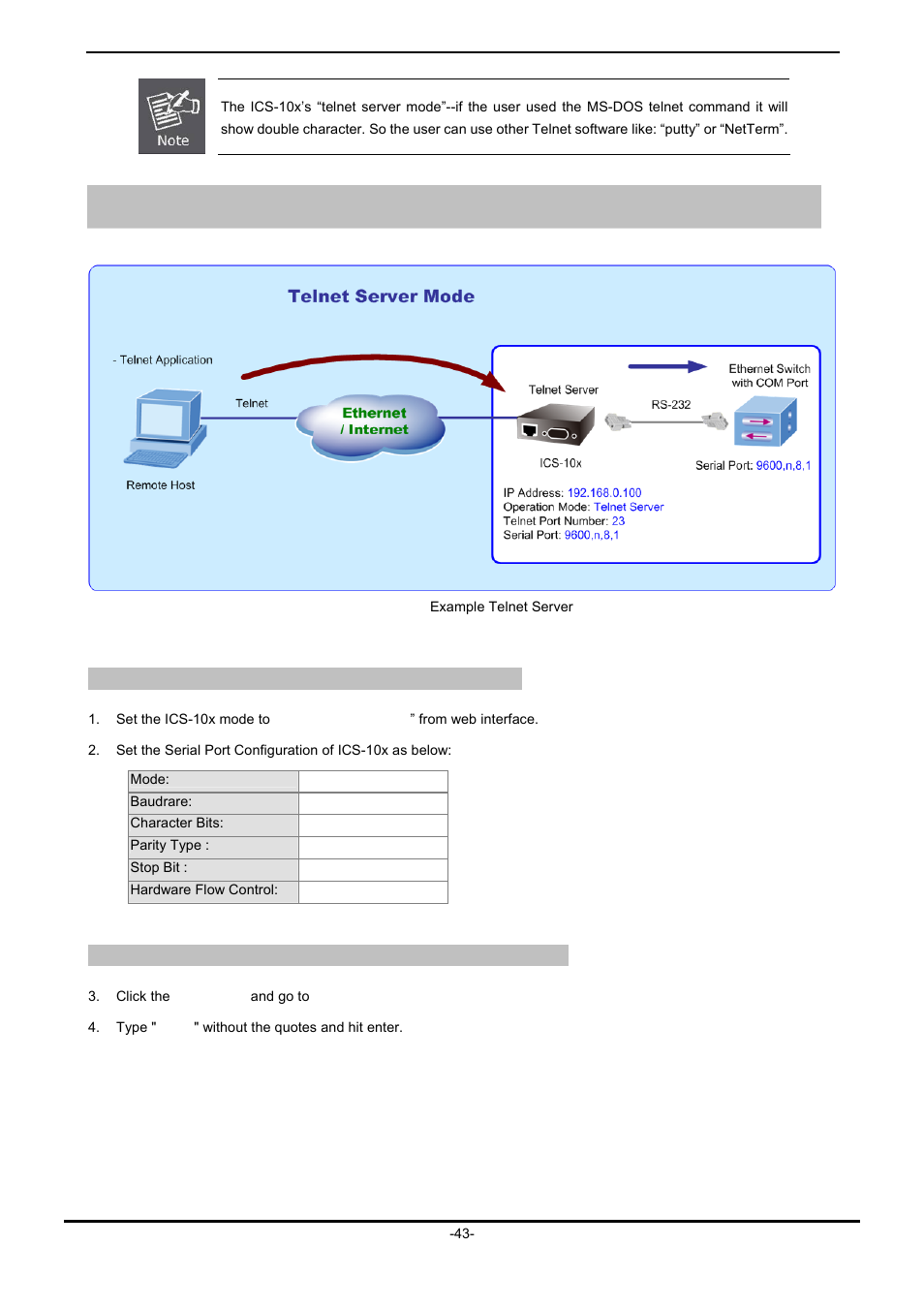 Example 1: telnet command in windows platform, Setup operation mode and serial port of ics-10x, Execute “telnet” command from windows start menu | PLANET ICS-102 User Manual | Page 48 / 73