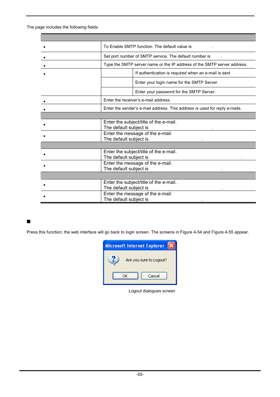 Logout, Smtp setup, Log-fail warning | Op change warning, Reboot warning | PLANET ICS-102 User Manual | Page 60 / 73